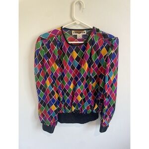 Vintage Jordan Colorful Argyle Sheer Blouse Size 8 90s Long Sleeve Stretch Waist